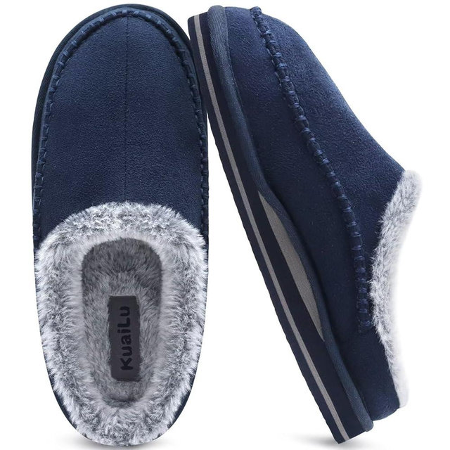 KuaiLu Mens Clog Slippers with Arch Support Suede Faux Fur Memory Foam Warm House Shoes Comfortable Slip-on Mans Bedroom Indoor Outdoor Slippers Rubber Sole