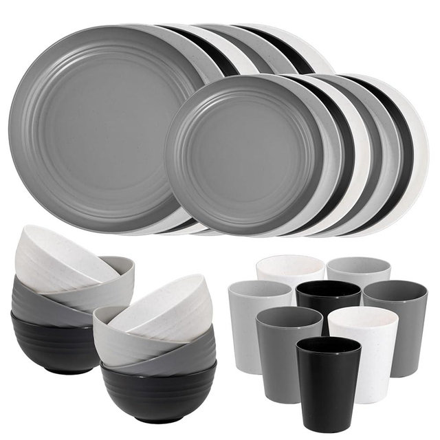 Supernal 32pcs Wheat Straw Dinnerware Sets,Plates and Bowls Sets,Reusable Plastic Plates,Microwave Dishwasher Safe,Plastic Dinnerware Set,Four Color Set 16pcs Plates,8pcs Bowls,8pcs Cups