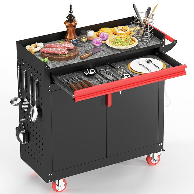 Eltean Metal Grill Cart - Outdoor Grill Cart with Storage, Outdoor Grill Table with Wheels,Outdoor Bar Cart with Adjustable Shelf for Kitchen Prep and Patio BBQ