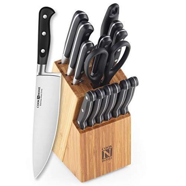 Cook N Home 02630 15-Piece Knife Set with Bamboo Storage Block, Stainless Stee, Silver