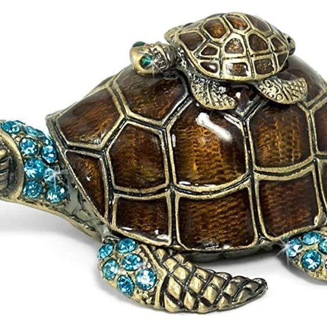 Waltz&F Turtle Trinket Jewelry Box with Sparkling Light Green Crystals,Hinged Trinket Box Hand-Painted Figurine Collectible Ring Holder