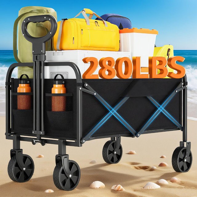 Foldable Collapsible Durable All Terrain Utility Pull Camp Beach Wagon- Black