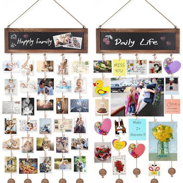 Bikoney 2-Pack Picture Frames Collage Wall Decor Photo Display Photo Board Wood Rustic Frames for Wall Decor and Party with 2 Blackboard and 60 Clips Carbonized Black