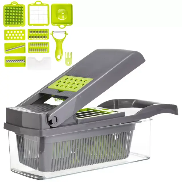 All-In-One Vegetable Chopper & Meal Prep Container –Multifunctional Food Chopper for Potato, Tomato and Veggie with 7 Blades and Strainer Basket