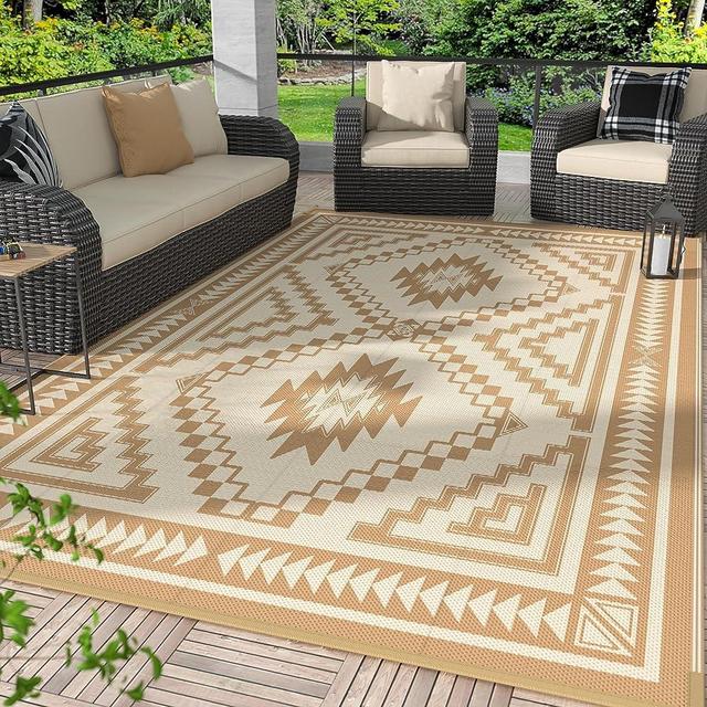 GENIMO Outdoor Rugs 5x7 Waterproof, Reversible Mats,Outdoor Area Rug,Plastic Outside Carpet,Eeometric Rv Mat for Patio Camping Rv Picnic Backyard Deck Balcony Porch Beach (Light Brown & Beige)