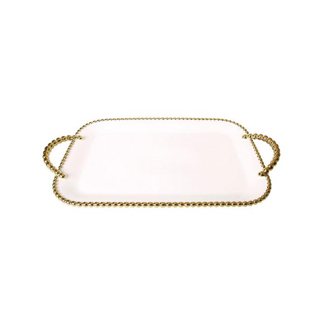 Classic Touch Porcelain Tray With Gold Beaded Borders and Handles