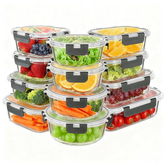 KAMOTA Glass Food Storage Containers, Grey Glass Meal Prep Containers, Airtight Containers with Snap-Lock Lids, Set of 12, for Microwave/Oven/Freezer/Dishwasher