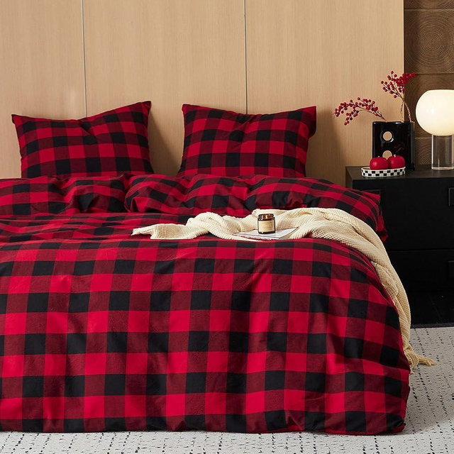 Wake In Cloud - Gingham Cotton Duvet Cover Set, Plaid Buffalo Check Checkered Farmhouse, 100% Washed Cotton Textured Percale Bedding Set, 3 Pieces, Red Black, King Size