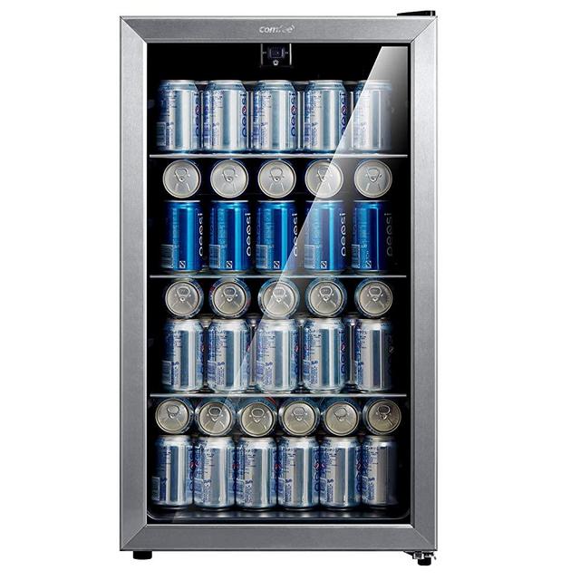 Comfee 115-120 Can Beverage Cooler/Refrigerator, 115 cans capacity, mechanical control, glass door with stainless steel frame,Glass shelves/adjustable legs for home/apartment