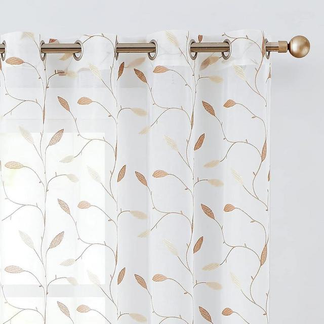 Lazzzy Embroidered Sheer Curtains Floral Leaf White Sheer Curtain for Bedroom Living Room Kitchen Rustic Voile Drapes Privacy Window Treatment Set of 2 Panels 96 Inches Long Grommet Top Gold on White