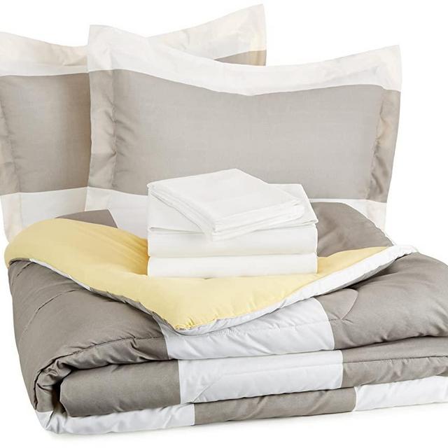 AmazonBasics 7-Piece Light-Weight Microfiber Bed-In-A-Bag Comforter Bedding Set - Full or Queen, Reversible Grey Stripe