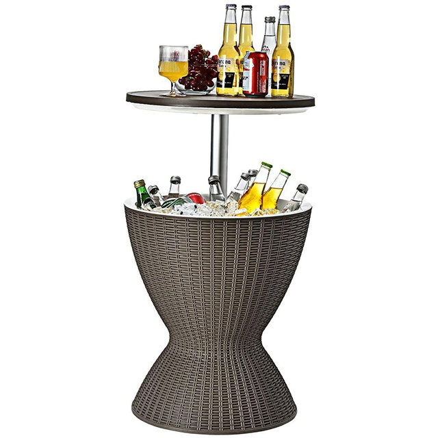 Giantex Cool Bar Table, 8 Gallon Beer and Wine Cooler, Rattan Style Patio Bar Tables, Height Adjustable, 3-in-1 Ice Cooler with Drainage Plug, Outdoor Cocktail Table for Deck Pool Party (Coffee)