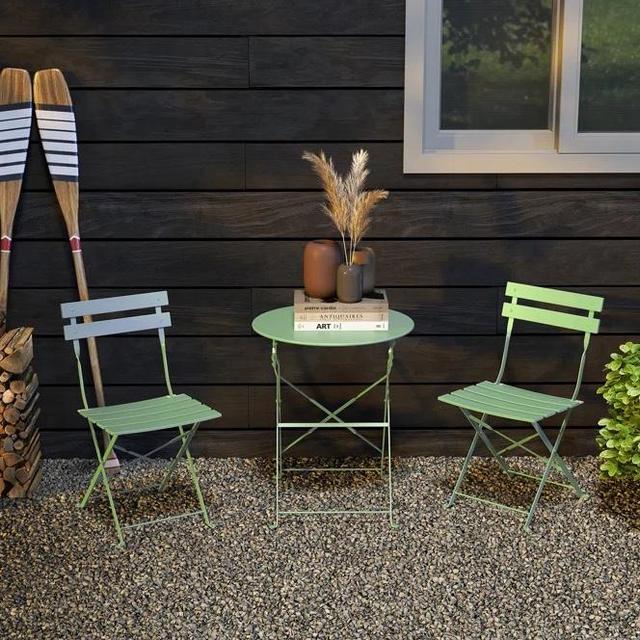 Ebern Designs Shelah Premium Steel Patio Bistro Set, Folding Outdoor Patio Furniture Sets, 3 Piece Patio Set Of Foldable Patio Table And Chairs, Macarone Blue | Wayfair