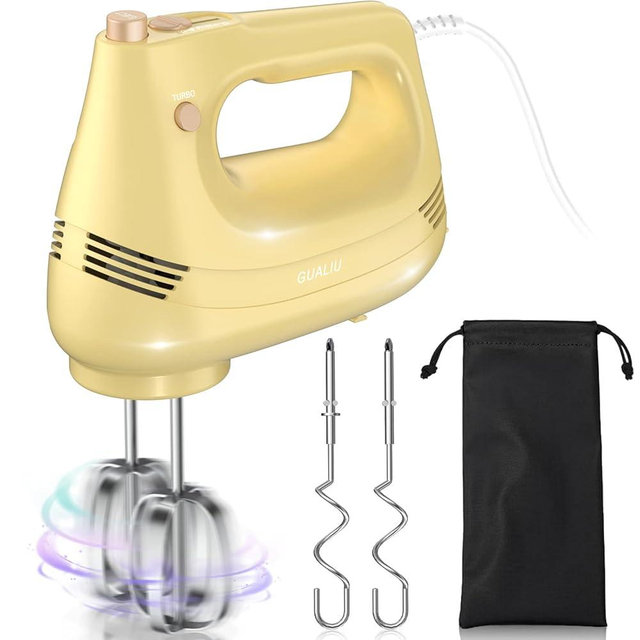 GUALIU Electric Hand Mixer with Stainless Steel Whisk, Dough Hook Attachment and Storage Bag, Handheld Mixer for Baking Cakes, Eggs, Cream Food Mixers. Turbo Boost /5 Speed Kitchen Blender Yellow