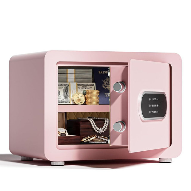 Mutak Home Safe 1.0 Cubic Feet Auto-Open with Backlit Keypad Triple Alarm Security Wall Mount Lock Box for Jewelry & Valuables,Pink