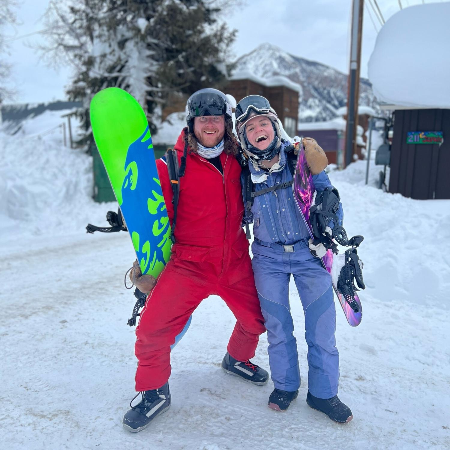 Big smiles after snowboarding, Mount Crested Butte. Nadine was visiting Johnny winter 2021.