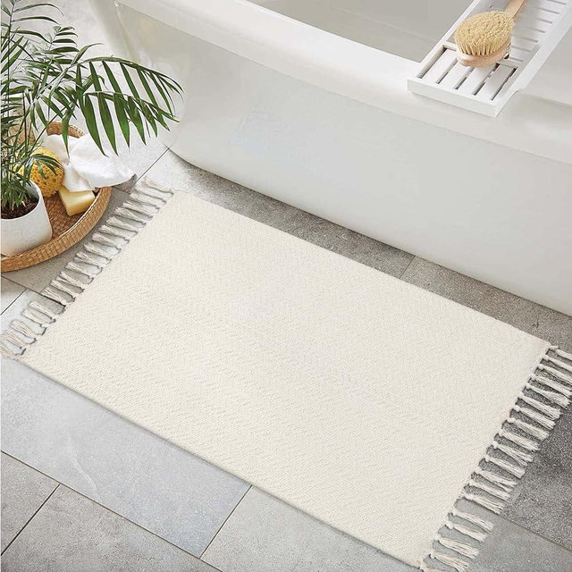 Lahome Boho Bathroom Rugs, Small 2x3 Door Mat Indoor Lightweight Entryway Rug Washable Cotton Area Rug with Tassels, Farmhouse Non-Shedding Beige Throw Rug Low Pile Carpet for Kitchen Laundry
