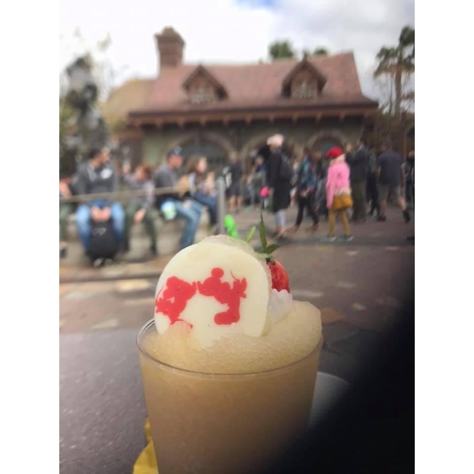 The Forever After drink at Disney with the spot where Will proposed in the background.