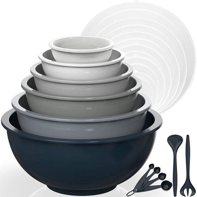 Mixing Bowls with Airtight Lids, Umite Chef 18 Piece Plastic Nesting Bowls Set Includes Measuring Cups, Microwave Safe Mixing Bowl Set Great for Mixing, Baking, Serving, Dishwasher (Gray Ombre)