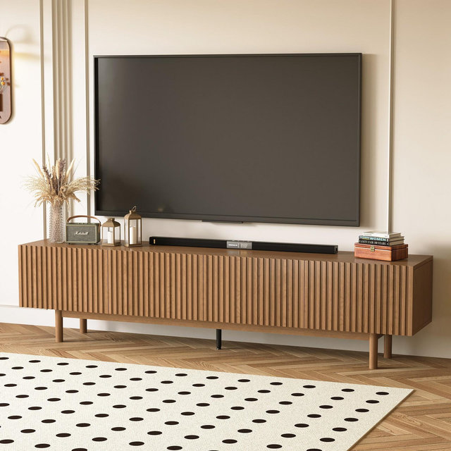 Luck Live Modern Style 86.61" Fluted Media Console TV Stand with Layered Storage, Removable Shelves & Solid Wood Legs