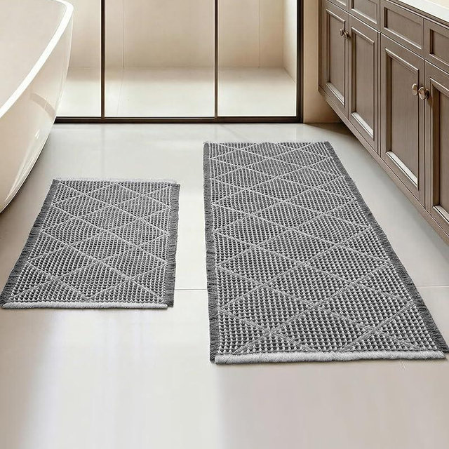 Furicher Waffle Bath Mat Set, Non Slip Bathroom Rugs Sets 2 Piece, Ultra Absorbent Bathroom Runner Rug for Boho Bath Room Decor, Machine Washable Boho Mats, Grey & Light Grey, 20"×47" Plus 18"×30"