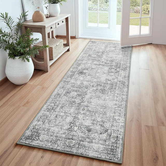 RUGICI 2x6 Washable Runner Rug, Non-Slip Hallway Runner Rugs, Low Pile Vintage Area Rug for Kitchen Hallway Entryway Bathroom Bedroom Carpet, Grey