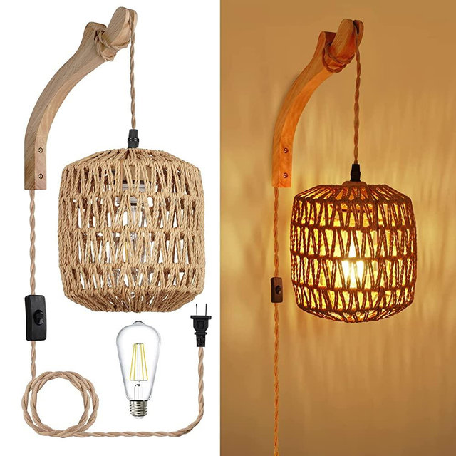 Frideko Rattan Wall Lamp with Plug in Cord Hand Woven Plug in Wall Sconces Paper Rope Wall Light Farmhouse Wall Sconce Wall Mounted Light Boho Wall Sconces Wall Lighting for Bedroom(Bulb Included)