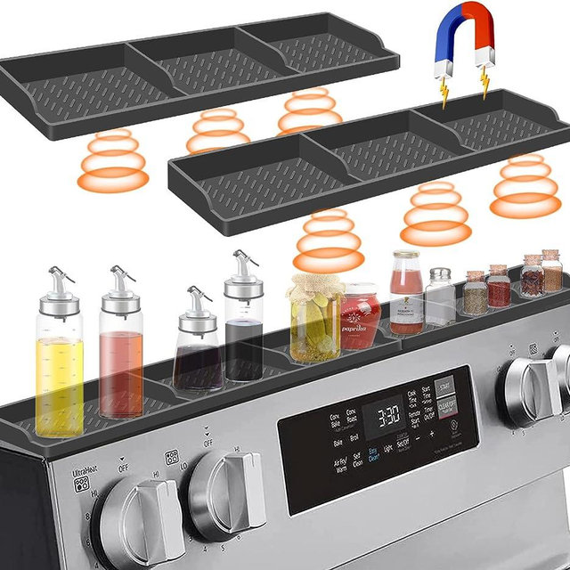 Stove Top for Shelf Silicone,30 Inch Magnetic Over the Stove Spice Rack of Shelf,Kitchen Shelf for Stove Organizer Magnet Above Stovetop Flat Back of Stove Storage Suctioned Shelf for The Stove-Dark Grey