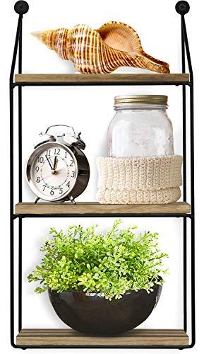 Greenco Geometric 3 Tier Mounted Floating, Home Decor, Metal Wire and Rustic Wood Wall Storage Shelves for Bedroom, Living Room, Bathroom, Kitchen, Office