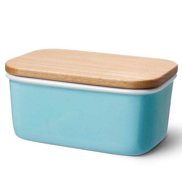 Sweese 3158 Large Butter Dish - Porcelain Keeper With Beech Wooden Lid, Perfect for 2 Sticks of Butter, Turquoise