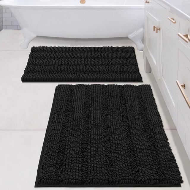 Bathroom Rugs Bath Mats Sets Super Absorbent Chenille Striped Bath Mats Non Skid Machine Wash Dry Rugs for Bathroom Floor Set of 2(Black, 24 x 36 Plus 20 x 32 - Inches)