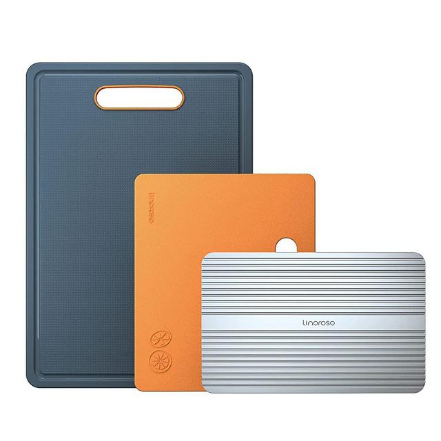 Linoroso Kitchen Cutting Board with Defrosting Tray Set of 3, Juice Grooves, Easy Grip Handle, Slip Resistant, Dishwasher Safe, Food-Grade Safe Plastic Chopping Board - Lava Orange