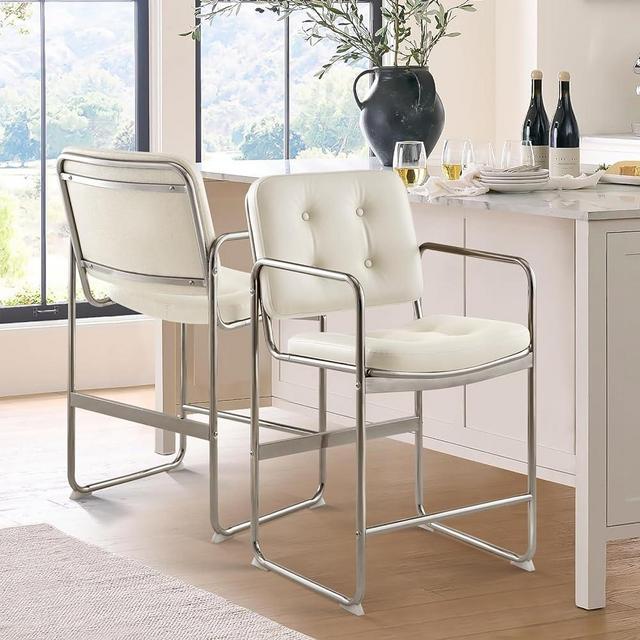 COLAMY Modern Counter Height Barstool Set of 2, PU Leather Bar Stools, Button Tufted Upholstered Barstools with Metal Legs for Kitchen Island, Bar, Dining Room, Beige