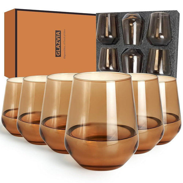 GLAZVIA Brown Stemless Wine Glasses Set of 6, 15oz Drinking Glassware Dishwasher Safe, Wine Glass Tumblers for Red or White, Gift for Party, Holiday, Anniversary, Restaurant, Home Bar, Daily Use