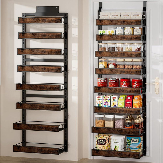 Clothink 8 Tier Over The Door Pantry Orangizer 2 IN 1 Wall Mounted or Hanging Spice Rack with Adjustable Wood Basket,Heavy Duty Seasoning Storage Shelf for Kitchen Pantry and Bathroom