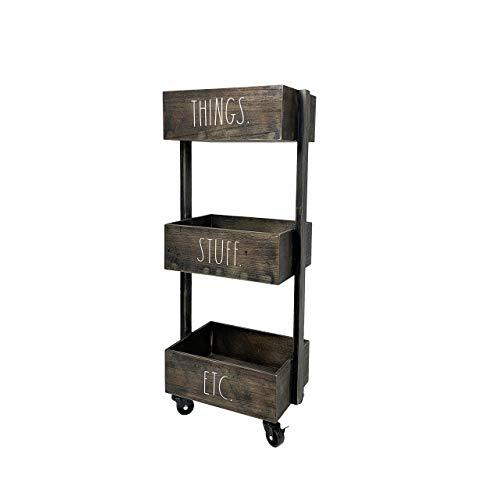 Rae Dunn 3 Tier Wheeled Organizer – Wood Caddy - Chic and Stylish Portable Wood Storage Bin for Office, Home or Kitchen