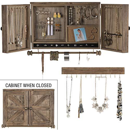 Rustic Wall Mounted Jewelry Organizer with Wooden Barndoor Decor. Jewelry holder for Necklaces, Earings, Bracelets, Ring Holder, and Accessories. Includes hook organizer for hanging jewelry (Brown)