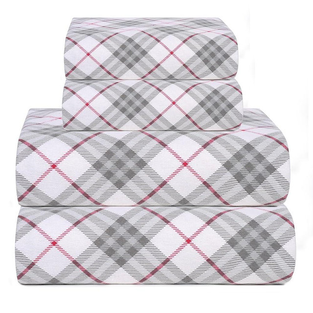 Bliss Casa 4 Piece 100% Cotton Flannel Sheets Queen Size Bed Set - Warm & Extra Soft - Deep Pockets, Breathable, All Seasons Comfy - Double Brushed Bed Sheet (Red Check)