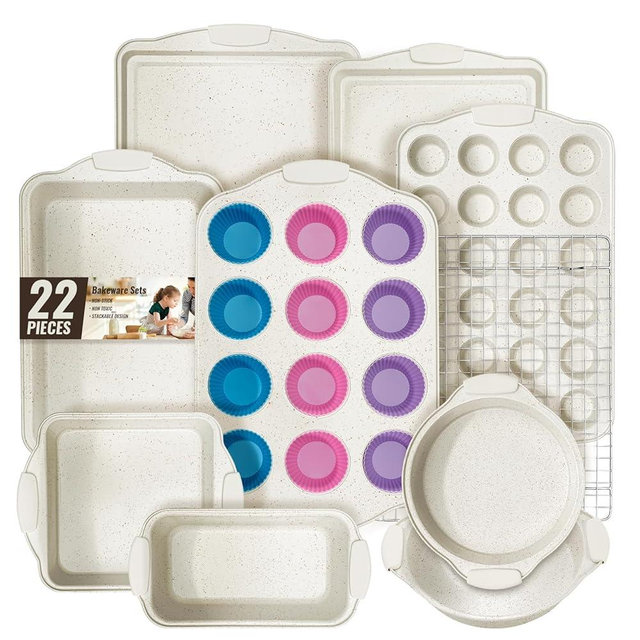 Baking Pans Set Nonstick, Stackable Bakeware Sets with Silicone Handles, AIVIKI 22 Pieces Oven Pan for Cooking Including Baking Cookie Sheet with Rack, Roast Pan, Cake Pan, Loaf Pan, Muffin Pan, Cream