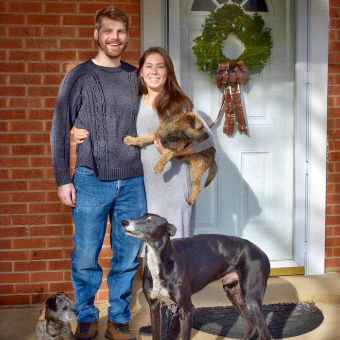 The family outside our first home! Ryan, Mary Taylor, Boru, Fionn and Firkin!