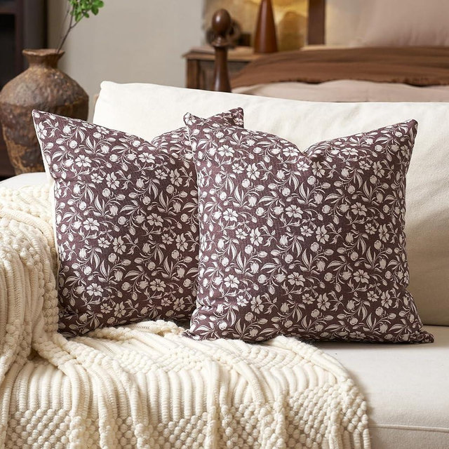 Aeckself Neutral Floral Pillow Covers 18x18 Set of 2, Vintage Block Print Throw Pillow Covers Decorative Farmhouse Accent Couch Pillows for Living Room Bedroom, Burgundy Red
