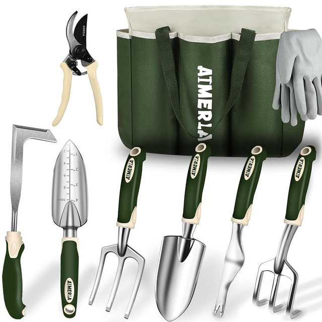 Aimerla Gardening Tools Set of 9 Heavy Duty Garden Tools with Non-Slip Rubber Grip with Large Garden bag for Tools Durable Hand Tools for Gardening, Weeding,Gardening gifts for women,men (Dark green)