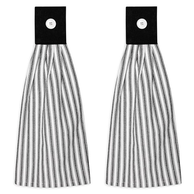 Cackleberry Home Black and White Ticking Stripe Hanging Kitchen Dish Hand Towel Cotton with Button Accent, Set of 2