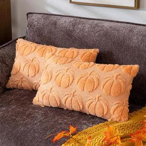 Pumpkin Fall Decorative Throw Pillow Covers 12"x20", Set of 2 Light Gold Soft Faux Fur Pillow Covers for Autumn Harvest, Fluffy Plush Accent Pillow Cases for Farmhouse Couch Cushion Covers