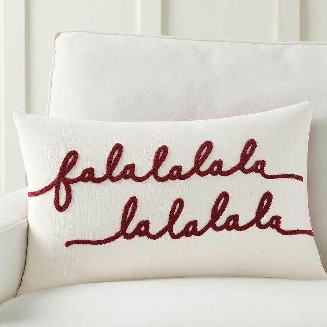 Falala Embroidered Lumbar Pillow Cover, 16 x 26", Ivory/Red