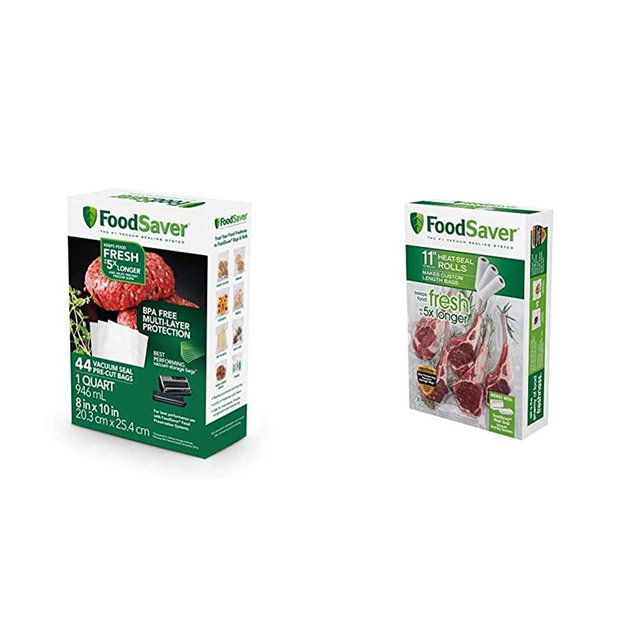 FoodSaver 1-Quart Precut Vacuum Seal Bags with BPA-Free Multilayer Construction for Food Preservation, 44 Count & 11" x 16' Vacuum Seal Roll | Make Custom-Sized BPA-Free Vacuum Sealer Bags | 3-Pack