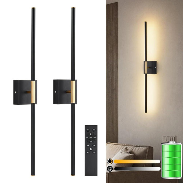 LED Wireless Wall Sconces Set of Two Dimmable Battery Powered Wall Sconce with Remote Control 360°Rotate Black Gold Cordless USB Rechargeable Wall Light for Living Room Bedroom Hallway 32 Inch 2 Pack