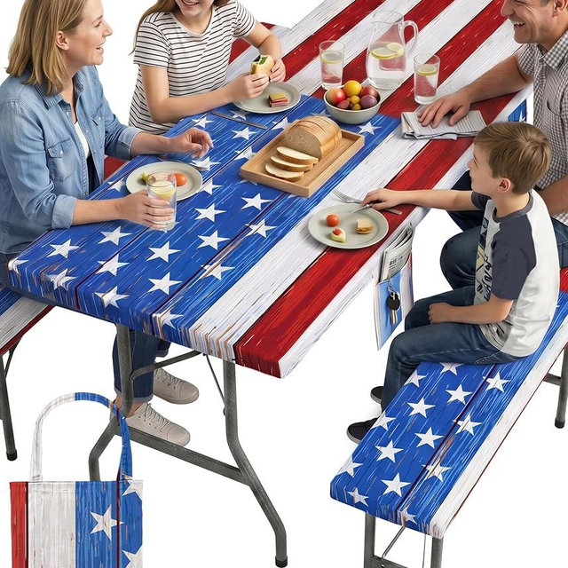 Picnic Table Cover with Bench Covers Waterproof Rectangle Tablecloth Camping Essentials Supplies Rv Travel Gear Must Haves Accessories Fitted Table Cloth Outdoor Road Trip Camper Gifts American Flag