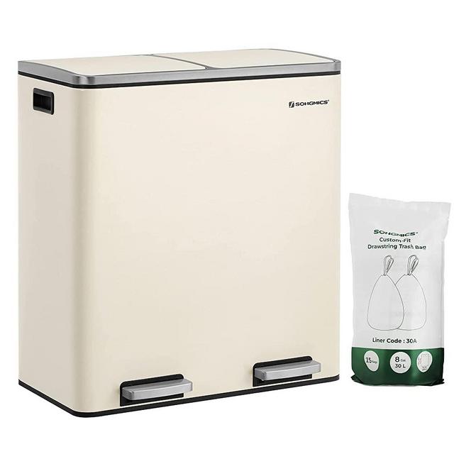 SONGMICS Dual Trash Can, 16 Gal (60L) Rubbish Bin and 15 Trash Bags, Metal Step Bin, with Dual Compartments, Plastic Inner Buckets and Hinged Lids, Handles, Soft Closure, Airtight, Cloud White ULTB201A01