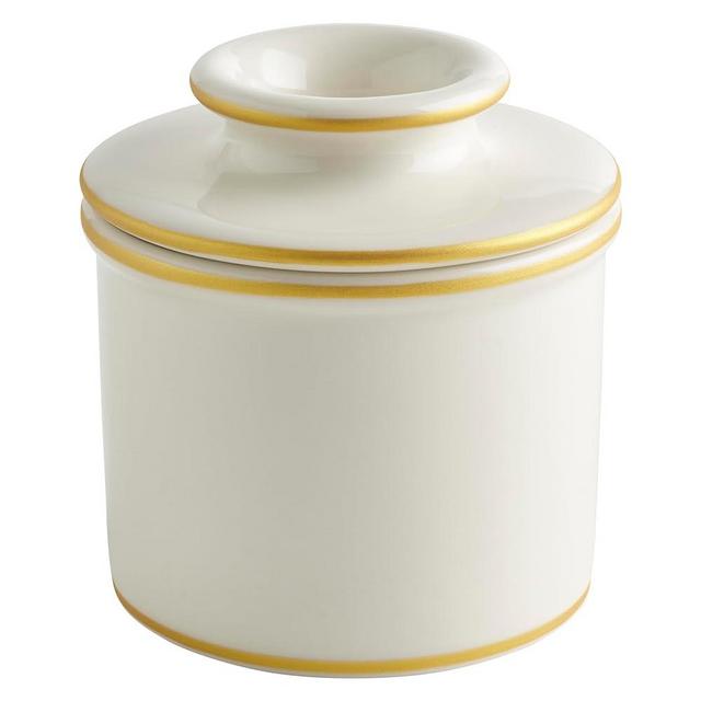 Butter Bell - The Original Butter Bell crock by L Tremain, a Countertop French Ceramic Butter Dish Keeper for Spreadable Butter, Le Bistro, White with Gold Trim